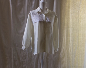 Vintage 1980s Cream Blouse with Embroidered Eyelet