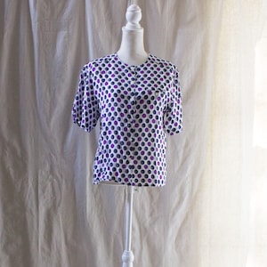 Vintage 1990s Collarless Polka Dot Print Short Sleeve Blouse
