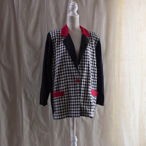 Vintage 1990s Black and White Checked Blazer with Red Collar