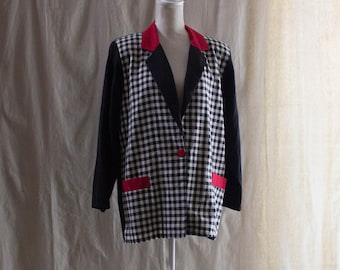 Vintage 1990s Black and White Checked Blazer with Red Collar