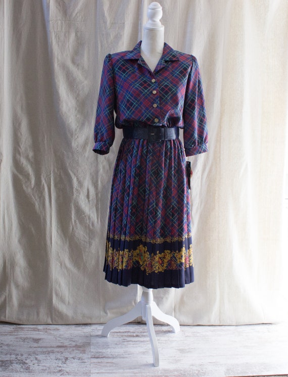 Vintage 1980s Blue Plaid Pleated Skirt Belted Midi