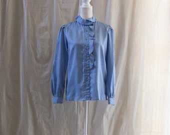 Vintage jaren 1980 blauw en wit gestreepte blouse met ruches