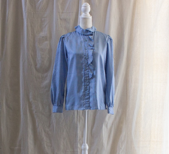 Vintage 1980s Blue and White Striped Blouse with … - image 1