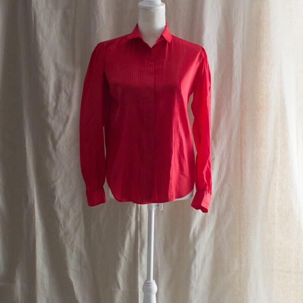 Vintage 1980s Red Pin Tuck Front Blouse
