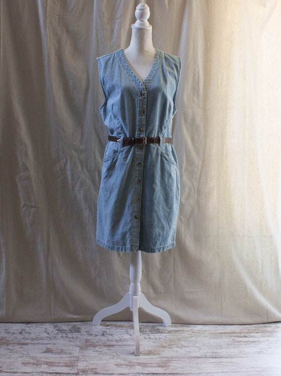 Vintage 1990s Sleeveless Belted Denim Mini Dress - image 1