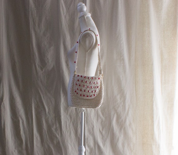 Vintage White Straw Crocheted Purse with Red Beads - image 1