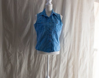 Vintage 1990s Blue Overdyed Sleeveless Denim Shirt