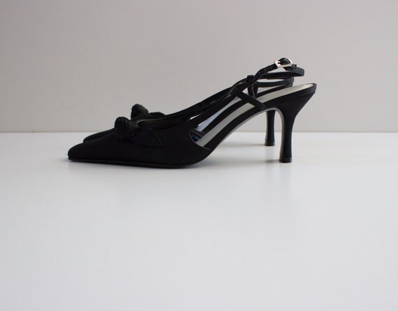 Vintage 1990s Black Satin Slingback Heels with Ro… - image 4