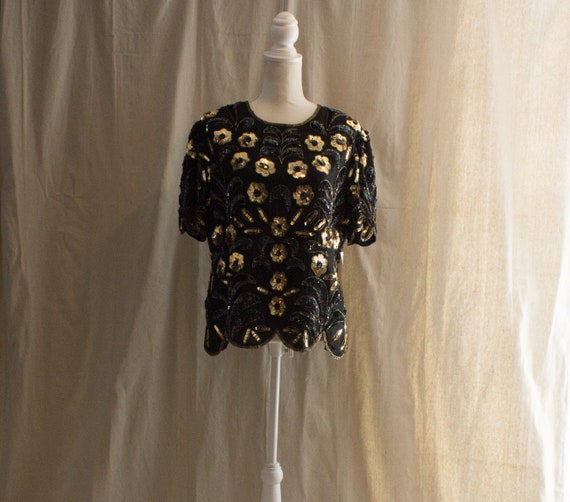 Vintage 1990s Black and Gold Sequin Short Sleeve … - image 1