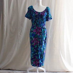 Vintage 1990s Blue Tropical Floral Print Dress