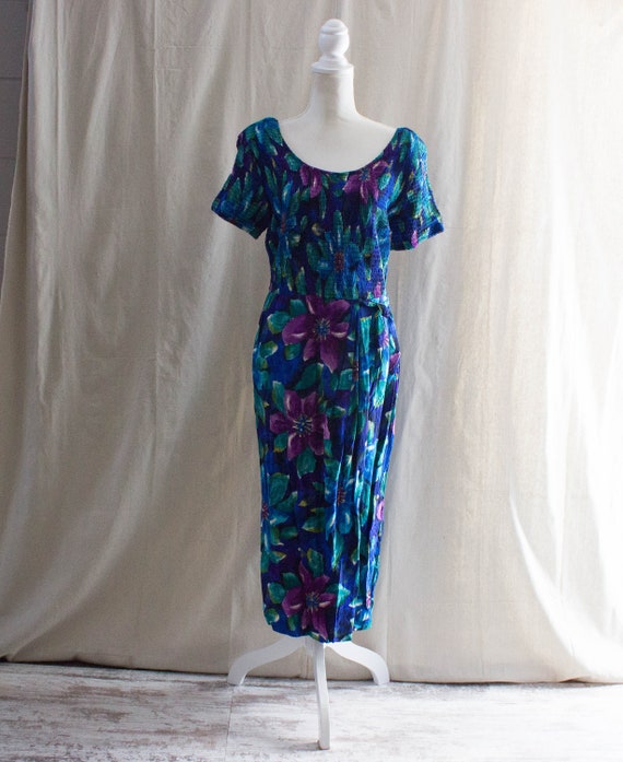 Vintage 1990s Blue Tropical Floral Print Dress