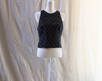 Vintage 1990s Black Beaded Silk Tank Top