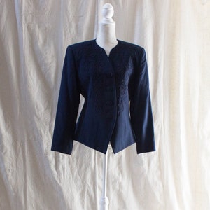 Vintage 1990s Navy Blue Collarless Blazer Jacket with Embroidery
