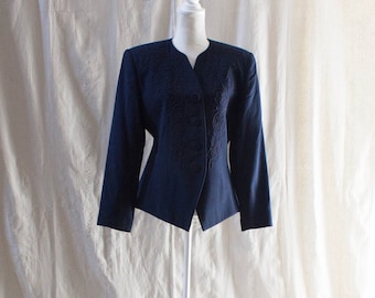 Vintage 1990s Navy Blue Collarless Blazer Jacket with Embroidery