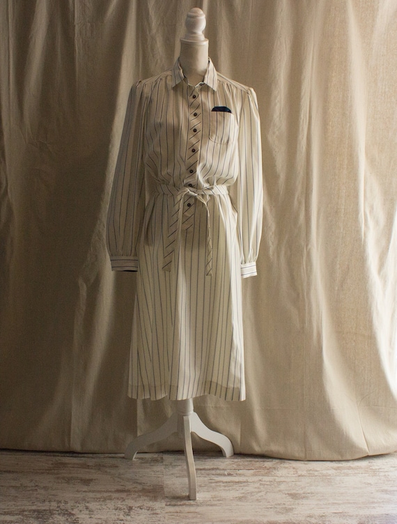 Vintage 1980s Off-white and Blue Striped Midi Shir
