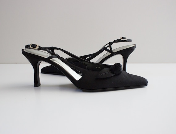 Vintage 1990s Black Satin Slingback Heels with Ro… - image 7