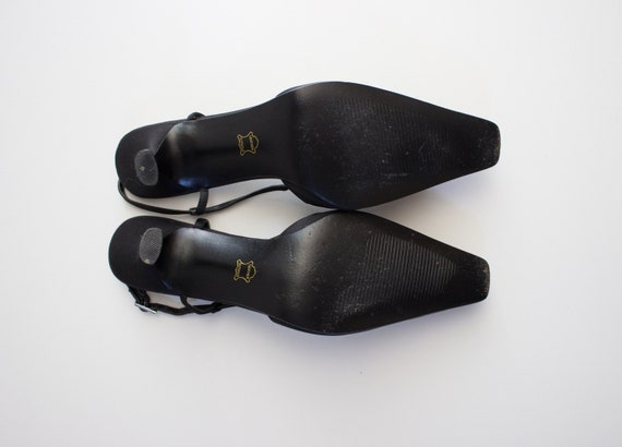 Vintage 1990s Black Satin Slingback Heels with Ro… - image 9