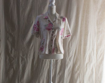 Vintage 1990s Pink Floral Short Sleeve Blouse