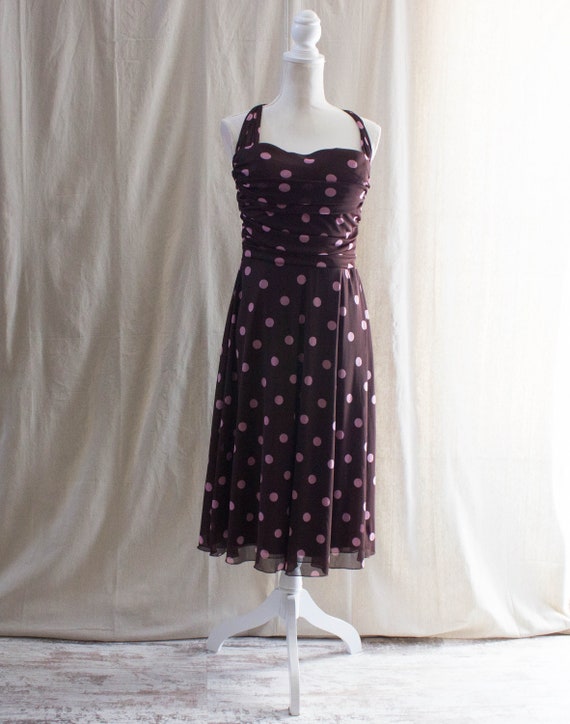 light brown dress outfit Donna Karan Women's Dot Print Halter Midi Dress - Brown
