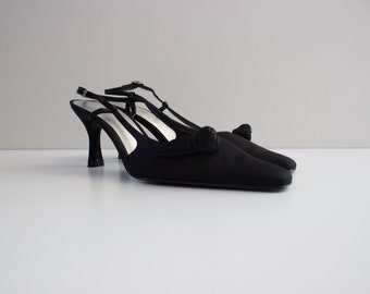 Vintage 1990s Black Satin Slingback Heels with Rosette