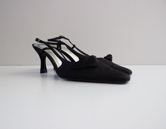 Vintage 1990s Black Satin Slingback Heels with Ro… - image 1