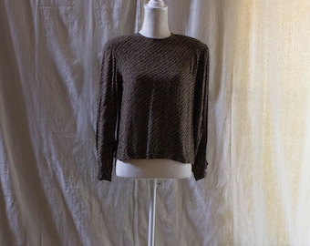 Vintage 1990s Tan and Black Diagonal Striped Button Back Blouse