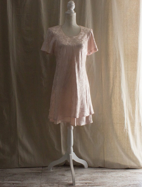 Vintage 1990s Pale Pink Satin Floral Jacquard Dres