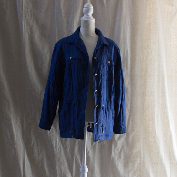 Vintage 1980s Blue Textured Silk Utility Style Jacket