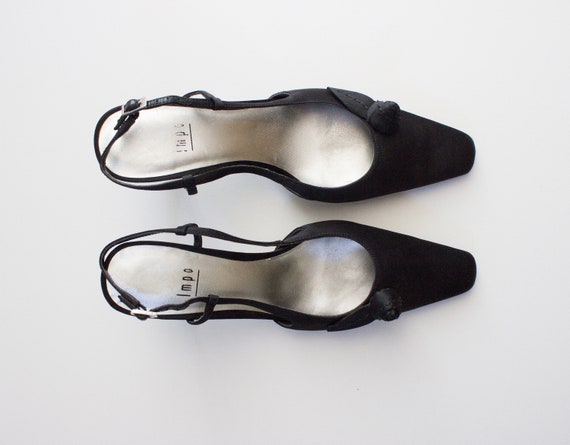 Vintage 1990s Black Satin Slingback Heels with Ro… - image 8