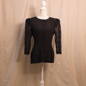 Vintage 1990s Black Blouse with Lace Puff Sleeves