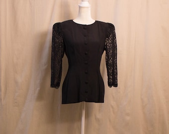 Vintage 1990s Black Blouse with Lace Puff Sleeves