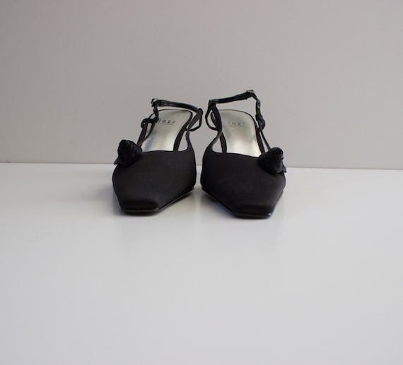 Vintage 1990s Black Satin Slingback Heels with Ro… - image 3