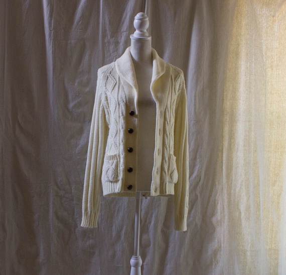 Vintage 1970s Cream Cable Knit Cardigan Sweater - image 1