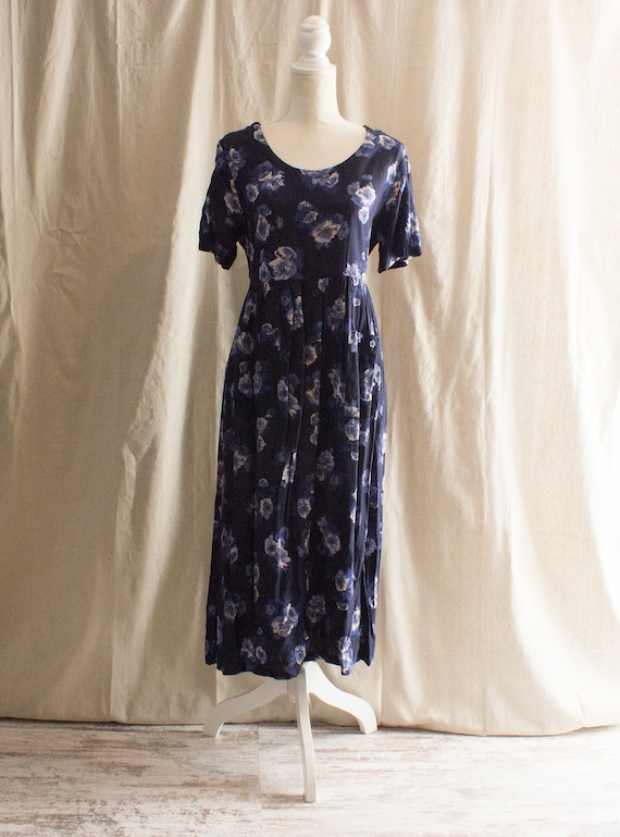 Vintage 1990s Blue Floral Babydoll Midi Dress