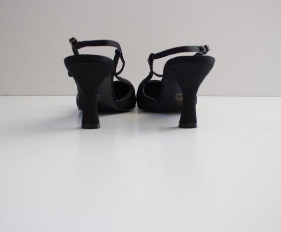 Vintage 1990s Black Satin Slingback Heels with Ro… - image 5