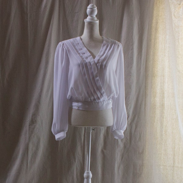 Vintage 1980s White Pleated Wrap Front Blouse