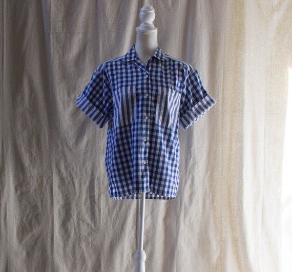 Vintage 1990s Blue and White Gingham Short Sleeve… - image 1