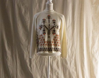 Vintage 1970s Cream Mockneck Sweater with Brown and Orange Embroidery