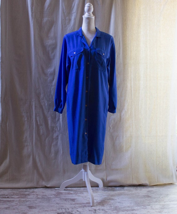 Vintage 1980s Silky Blue Midi Shirtdress