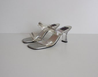 Vintage 1990s Silver Rhinestone PVC Mules