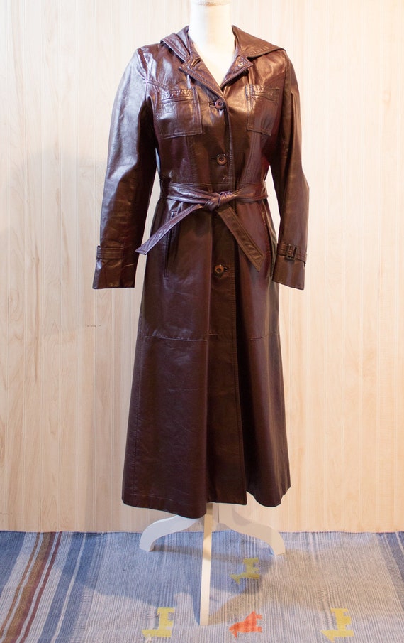 Vintage Burgundy Leather Trench Coat with Hood