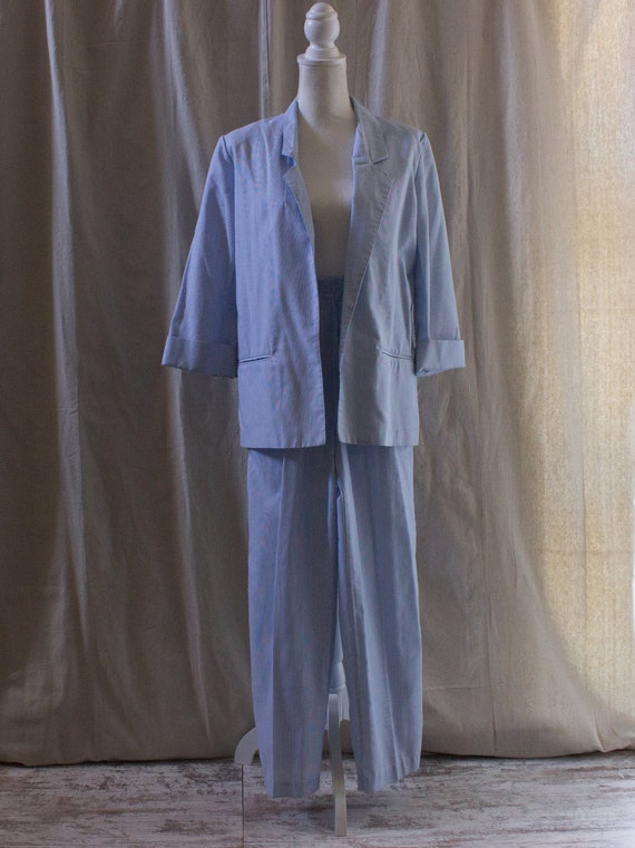 Vintage 1980s Blue and White Striped 3-Piece Suit - image 1