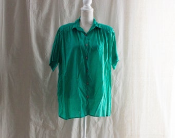 Puede incluir: Una camisa verde de botones con mangas cortas. La camisa está hecha de una tela ligera y tiene un corte holgado.