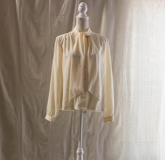 Vintage 1980s Cream Blouse with Attached Scarf - image 1