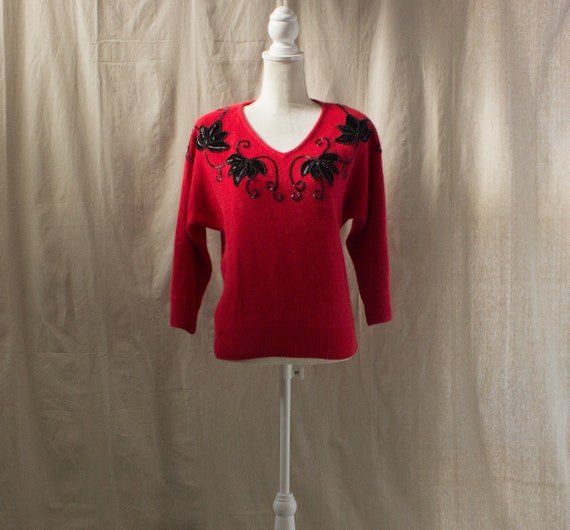 Vintage 1990s Red Silk Blend Sweater With Black Beading - Etsy