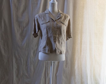 Vintage 1990s Tan Linen Short Sleeve Blouse