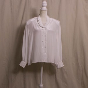 Vintage 1980s Shiny White Blouse with Pleated Neckline