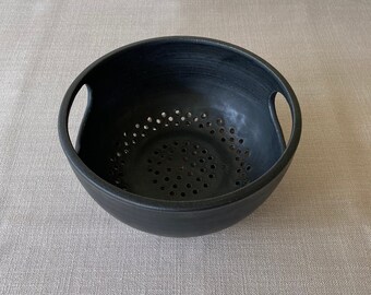 Colander, bowl, sieve, colander bowl, handmade colander, ceramic colander, handthrown colander, black colander bowl, black colander