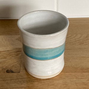 SALE, Cup, Mug, White cup, White pottery cup, Handmade cup, White beaker, White cup with blue stripe, Cup with blue decoration