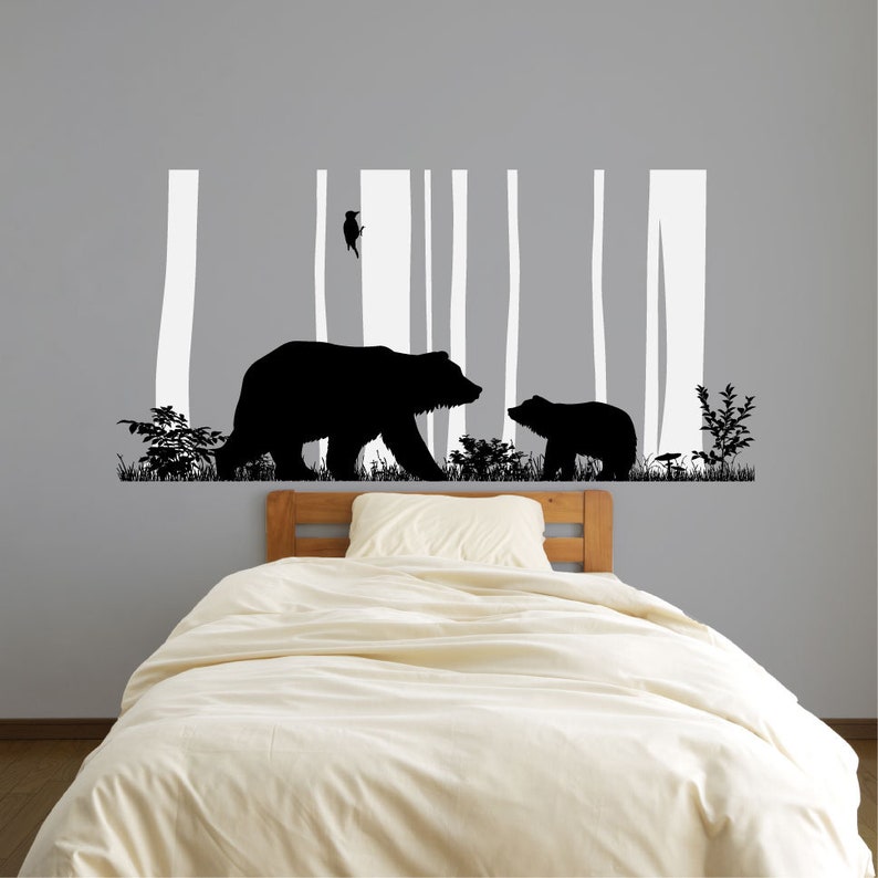 Bear and Cub with Trees Silhouette Spruce Vinyl Wall Decal Etsy